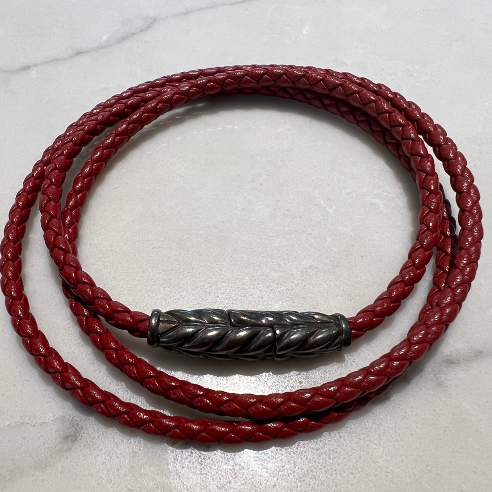 David Yurman Sterling Silver Leather Men's Chevron Triple Wrap Bracelet Red